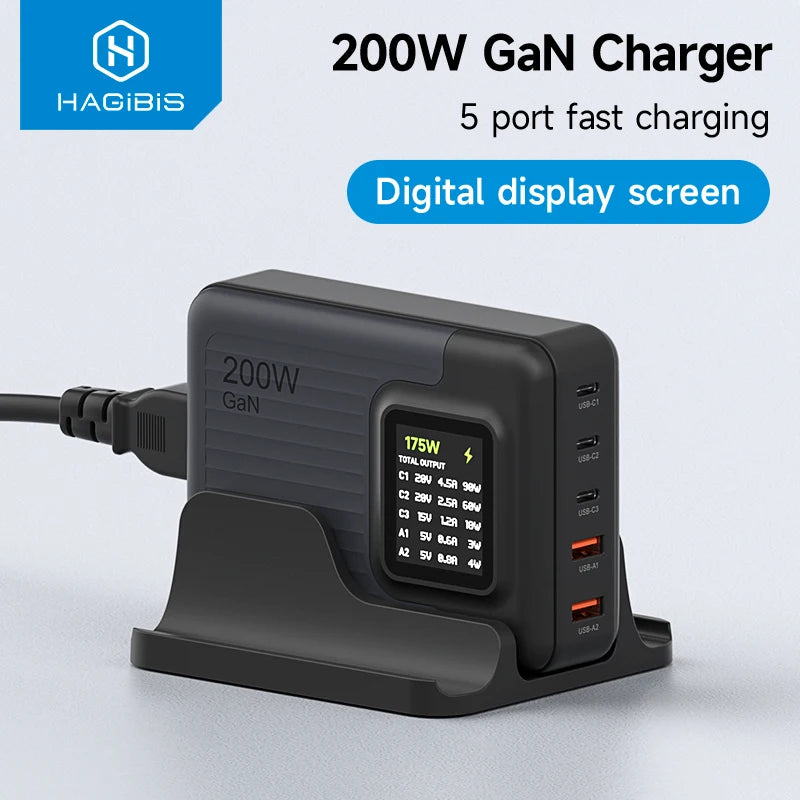 200W USB C Charger 5 Ports GaN Digital Display Screen Hagibis