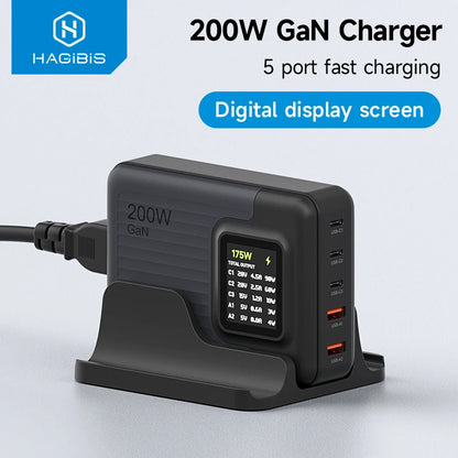 200W USB C Charger 5 Ports GaN Digital Display Screen Hagibis