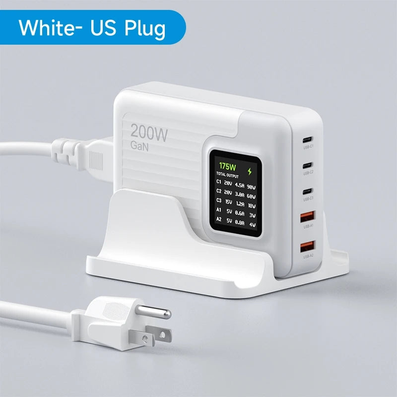 200W USB C Charger 5 Ports GaN Digital Display Screen Hagibis