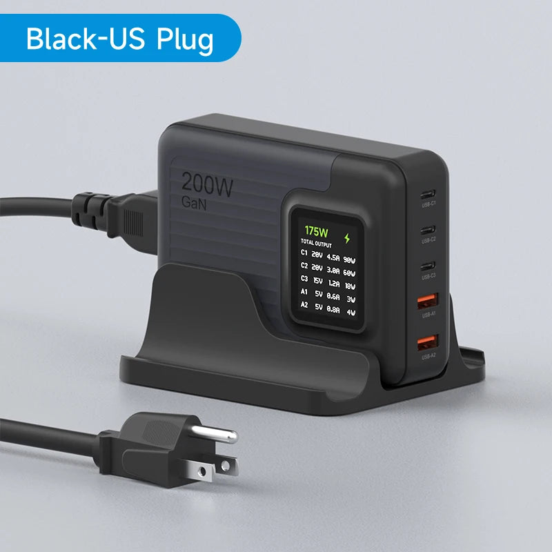 200W USB C Charger 5 Ports GaN Digital Display Screen Hagibis