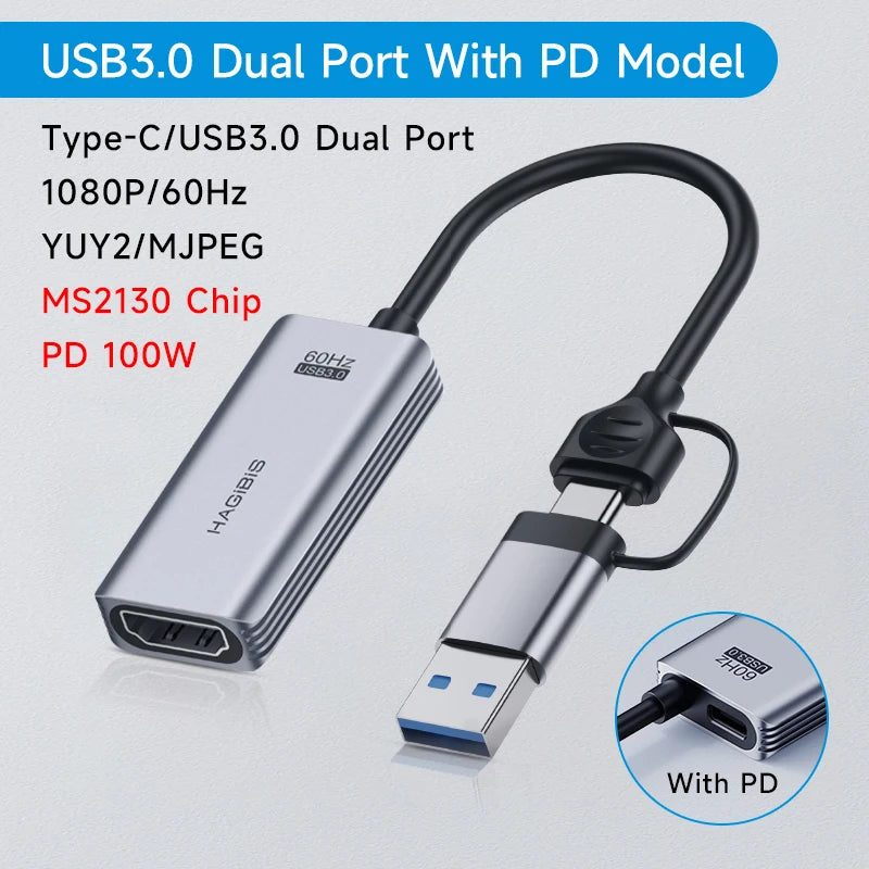 Video Capture Card HDMI to USB/Type-C with PD Port Hagibis